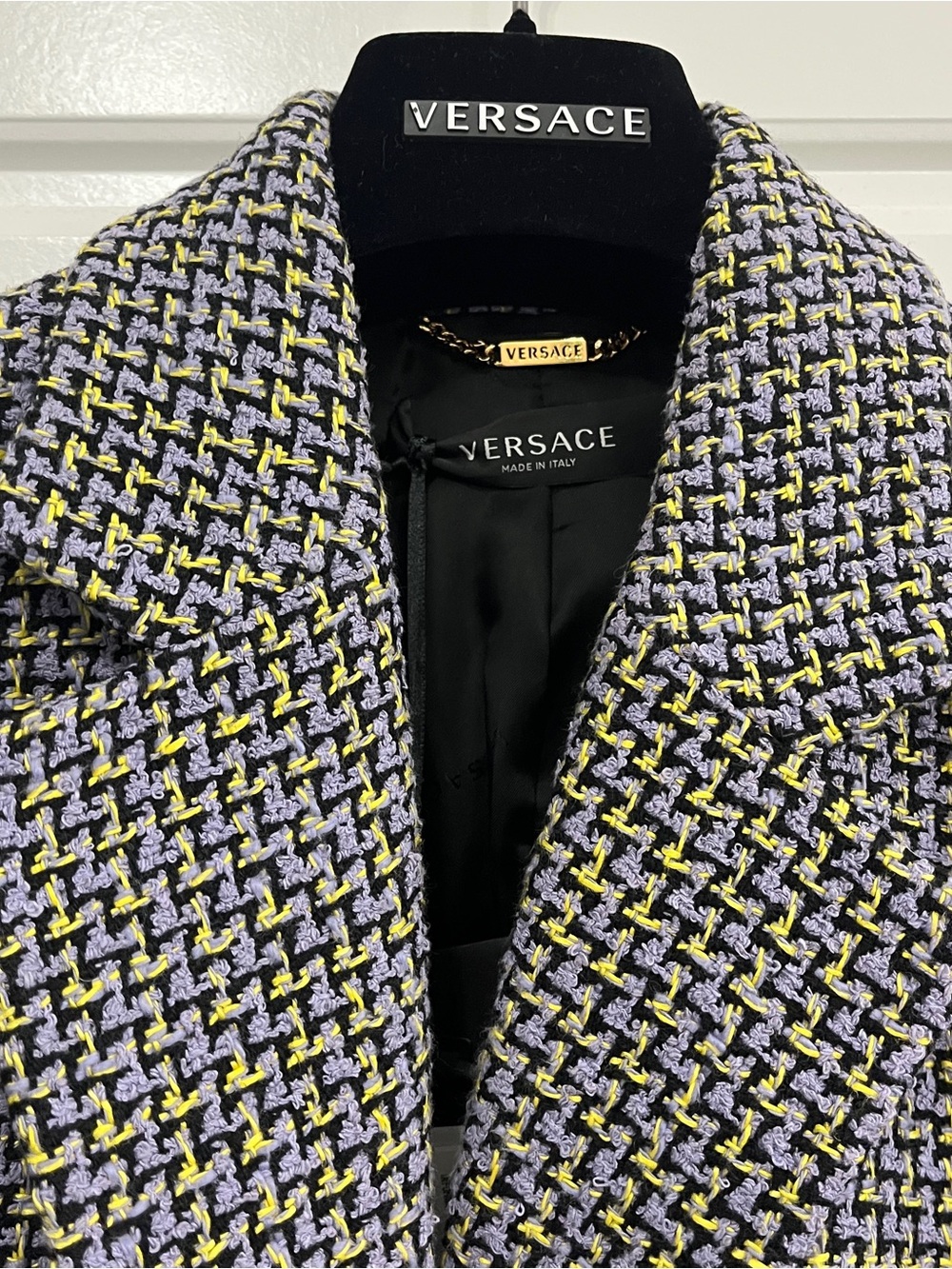 NWT Versace Tweed Blazer in Lavender, Yellow & Black | Size 46 (US 10)